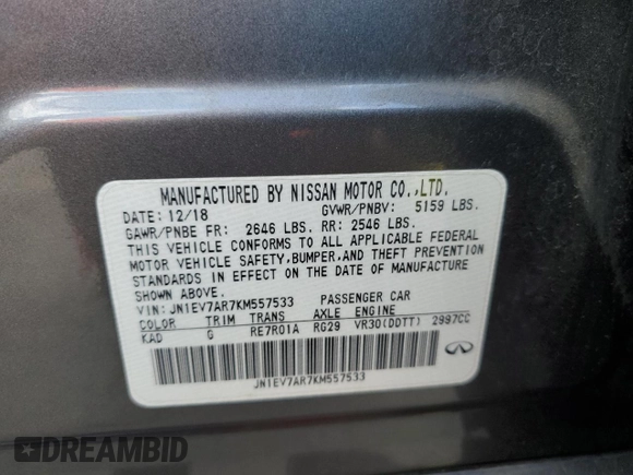 2019 Infiniti Q50 Luxe with VIN JN1EV7AR7KM557533, listed as a Copart auction lot 52172225 with 97,270 mi miles and Salvage title. Bid and sale history available at DreamBid. Image 12.
