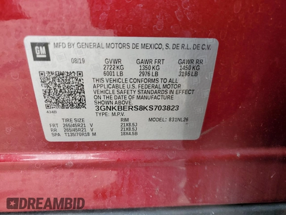 2019 Chevrolet Blazer RS with VIN 3GNKBERS8KS703823, listed as a Copart auction lot 59187075 with 75,979 mi miles and Salvage title. Bid and sale history available at DreamBid. Image 13.
