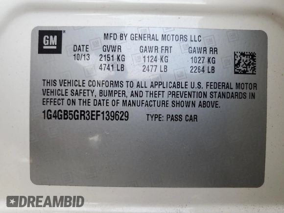 2014 Buick LaCrosse Leather with VIN 1G4GB5GR3EF139629, listed as a Copart auction lot 49987455 with 105,963 mi miles and Salvage Title. Bid and sale history available at carsss.com. Image 14.