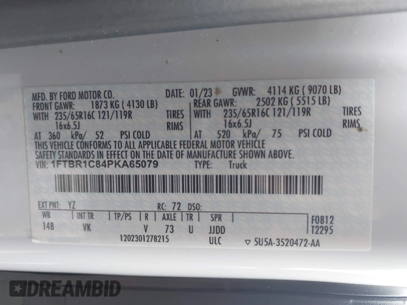 2023 Ford Transit Cargo with VIN 1FTBR1C84PKA65079, listed as a IAAI auction lot 41423167 with 68,899 mi miles and . Bid and sale history available at DreamBid. Image 9.