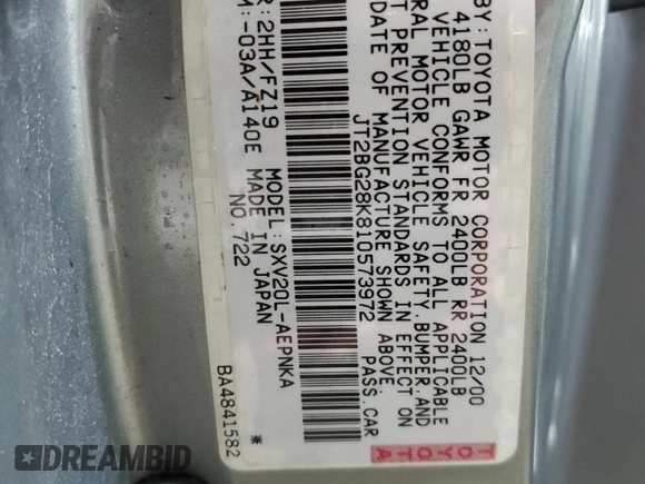 2001 Toyota Camry CE z VIN JT2BG28K810573972, wystawiony jako Copart lot #51733485 z przebiegiem 143 665 mil mil oraz Szkoda całkowita • Salvage title. Historia ofert i sprzedaży dostępna na DreamBid. Obrazek 12.