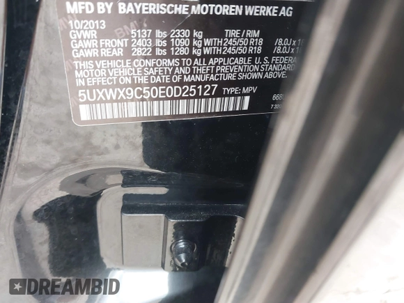 2014 BMW X3 xDrive28i with VIN 5UXWX9C50E0D25127, listed as a IAAI auction lot 41487866 with 117,576 mi miles and . Bid and sale history available at DreamBid. Image 9.