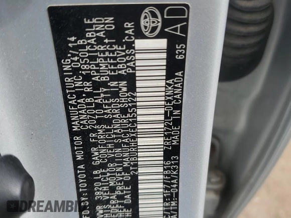 2014 Toyota Corolla L with VIN 2T1BURHEXEC155122, listed as a Copart auction lot 60911135 with 133,657 mi miles and Salvage title. Bid and sale history available at DreamBid. Image 13.