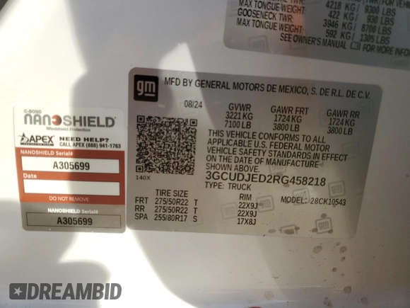 2024 Chevrolet Silverado 1500 High Country with VIN 3GCUDJED2RG458218, listed as a Copart auction lot 88044295 with Not Provided miles and Salvage Title. Bid and sale history available at DreamBid. Image 12.