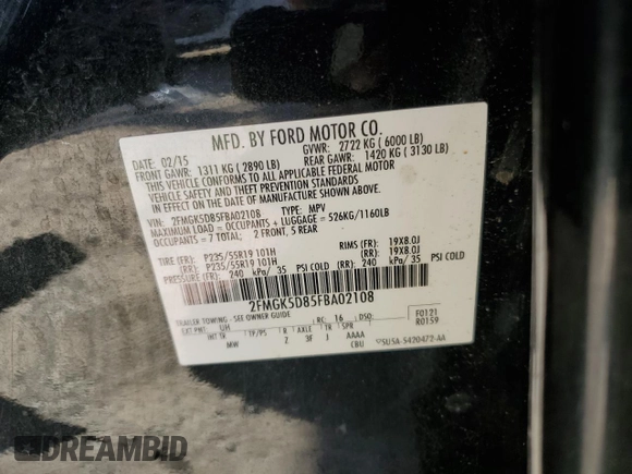 2015 Ford Flex Limited z VIN 2FMGK5D85FBA02108, wystawiony jako Copart lot #48550605 z przebiegiem 212 192 mil mil oraz Szkoda całkowita • Salvage title. Historia ofert i sprzedaży dostępna na DreamBid. Obrazek 13.
