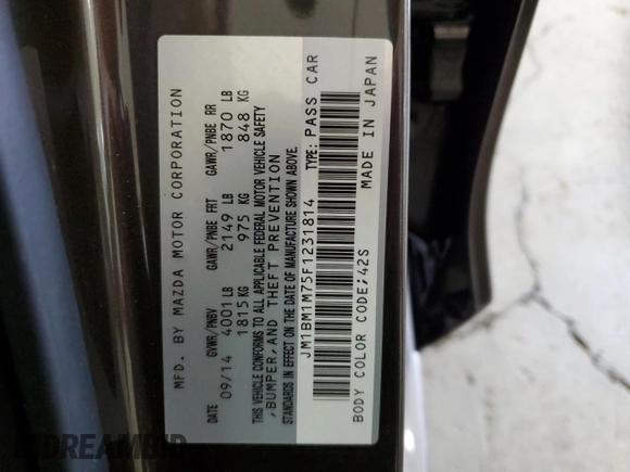 2015 Mazda 3 i Grand Touring with VIN JM1BM1M75F1231814, listed as a Copart auction lot 62692695 with 49,253 mi miles and Salvage title. Bid and sale history available at DreamBid. Image 14.