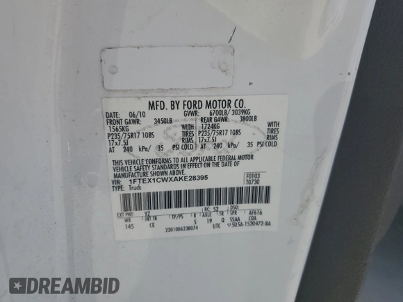 2010 Ford F-150 XL with VIN 1FTEX1CWXAKE28395, listed as a Copart auction lot 72392594 with 151,359 mi miles and Clean title. Bid and sale history available at DreamBid. Image 12.