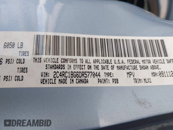 2013 Chrysler Town & Country Touring with VIN 2C4RC1BG6DR577044, listed as a IAAI auction lot 42081733 with 177,840 mi miles. Bid and sale history available at carsss.com. Image 9.