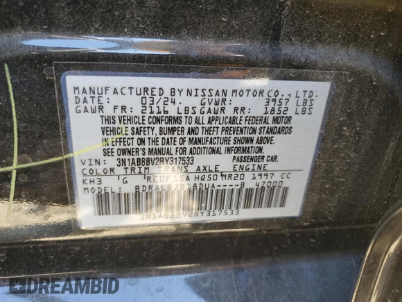 2024 Nissan Sentra S with VIN 3N1AB8BV2RY317533, listed as a Copart auction lot 41345885 with 2,399 mi miles and Salvage Title. Bid and sale history available at DreamBid. Image 13.
