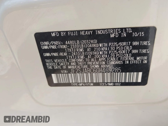 2016 Subaru Forester 2.5i with VIN JF2SJABC6GH469285, listed as a IAAI auction lot 42560320 with 59,876 mi miles and . Bid and sale history available at DreamBid. Image 9.