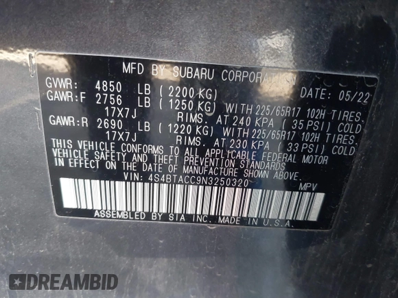 2022 Subaru Outback Premium with VIN 4S4BTACC9N3250320, listed as a IAAI auction lot 41655163 with 56,232 mi miles and . Bid and sale history available at DreamBid. Image 9.