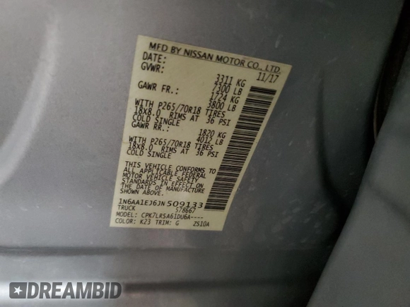 2018 Nissan Titan SV with VIN 1N6AA1EJ6JN509133, listed as a Copart auction lot 44934135 with 69,785 mi miles and Salvage title. Bid and sale history available at DreamBid. Image 12.