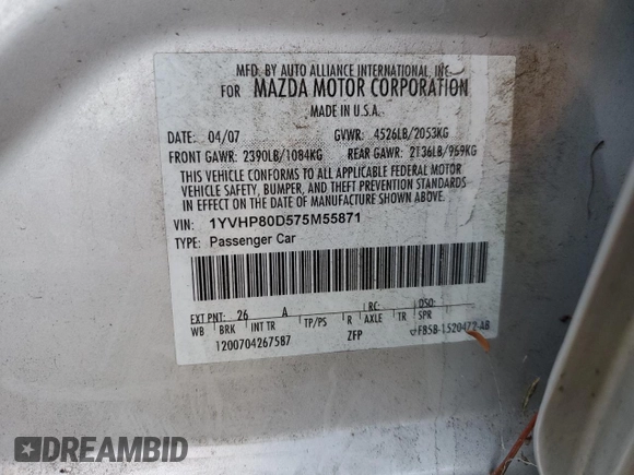 2007 Mazda 6 S Sport VE with VIN 1YVHP80D575M55871, listed as a Copart auction lot 84510974 with 106,165 mi miles and Salvage Title. Bid and sale history available at DreamBid. Image 12.