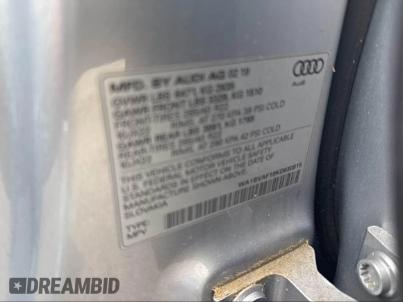 2019 Audi Q8 Premium Plus with VIN WA1BVAF19KD030815, listed as a IAAI auction lot 42471759 with 121,239 mi miles and . Bid and sale history available at DreamBid. Image 9.