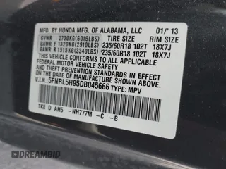 2013 Honda Odyssey Touring with VIN 5FNRL5H95DB045666, listed as a IAAI auction lot 42117219 with 50,715 mi miles and . Bid and sale history available at carsss.com. Image 9.