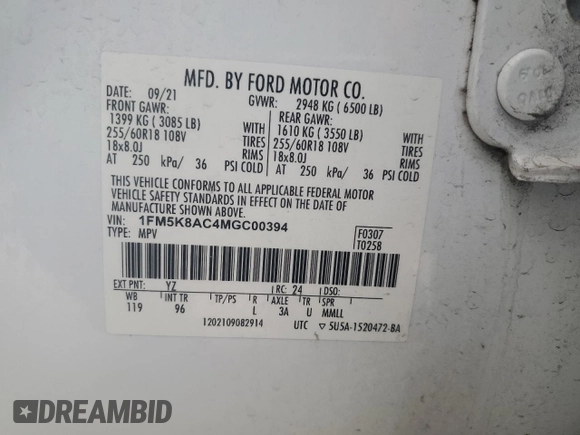 2021 Ford Explorer with VIN 1FM5K8AC4MGC00394, listed as a Copart auction lot 78776234 with Not provided miles and Non repairable. Bid and sale history available at DreamBid. Image 14.