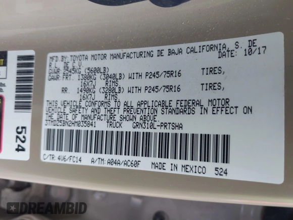 2017 Toyota Tacoma SR5 with VIN 3TMDZ5BN2HM035841, listed as a IAAI auction lot 41201932 with 177,954 mi miles. Bid and sale history available at carsss.com. Image 9.