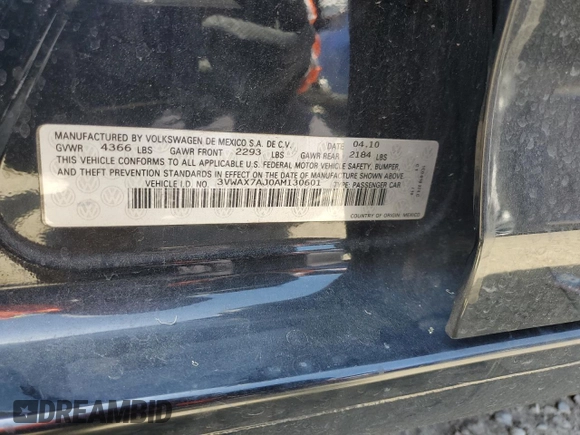 2010 Volkswagen Jetta Limited Edition with VIN 3VWAX7AJ0AM130601, listed as a Copart auction lot 54050965 with 132,421 mi miles and Salvage title. Bid and sale history available at DreamBid. Image 12.