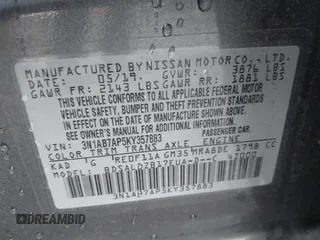 2019 Nissan Sentra SV with VIN 3N1AB7AP5KY357883, listed as a IAAI auction lot 41783436 with 89,636 mi miles and . Bid and sale history available at DreamBid. Image 9.