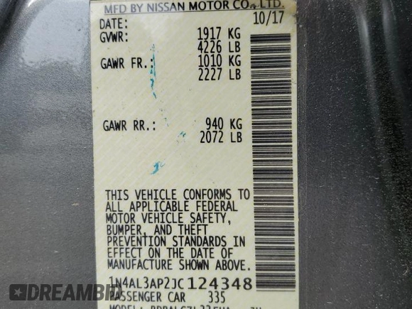 2018 Nissan Altima SV with VIN 1N4AL3AP2JC124348, listed as a Copart auction lot 54697585 with 93,964 mi miles and Salvage Title. Bid and sale history available at DreamBid. Image 12.