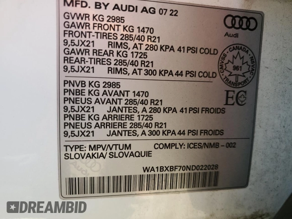 2022 Audi Q7 Komfort with VIN WA1BXBF70ND022028, listed as a Copart auction lot 63050304 with 16,357 mi miles and Salvage Title. Bid and sale history available at carsss.com. Image 14.