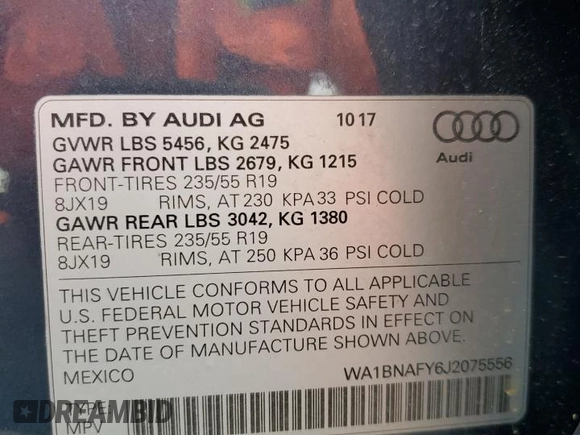 2018 Audi Q5 Premium Plus with VIN WA1BNAFY6J2075556, listed as a Copart auction lot 58167095 with 42,182 mi miles and Salvage title. Bid and sale history available at DreamBid. Image 14.