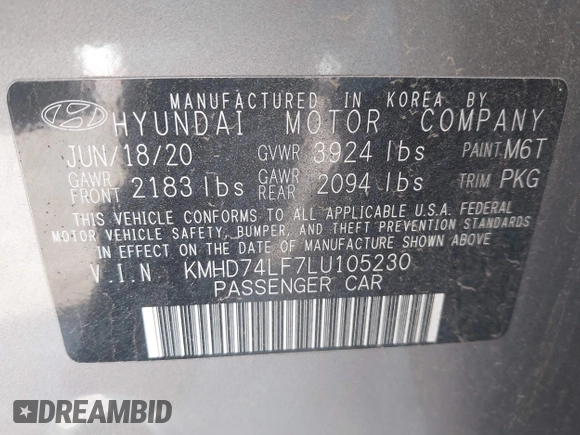 2020 Hyundai Elantra SE with VIN KMHD74LF7LU105230, listed as a IAAI auction lot 41997855 with 119,456 mi miles. Bid and sale history available at carsss.com. Image 9.