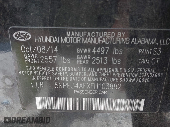 2015 Hyundai Sonata Limited with VIN 5NPE34AFXFH103882, listed as a IAAI auction lot 41946341 with 96,690 mi miles and . Bid and sale history available at carsss.com. Image 9.