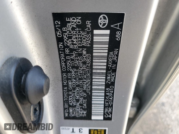 2012 Toyota Prius Two with VIN JTDZN3EUXC3143823, listed as a Copart auction lot 49598895 with 200,767 mi miles and Salvage Title. Bid and sale history available at DreamBid. Image 12.
