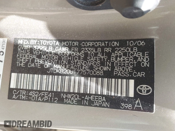 2007 Toyota Prius with VIN JTDKB20U177570088, listed as a IAAI auction lot 42590470 with 151,662 mi miles and . Bid and sale history available at DreamBid. Image 9.