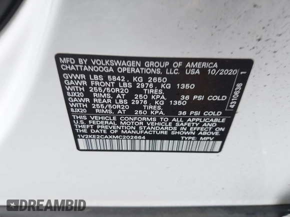 2021 Volkswagen Atlas SE z VIN 1V2KE2CAXMC202664, wystawiony jako IAAI lot #42292276 z przebiegiem 57 760 mil mil oraz . Historia ofert i sprzedaży dostępna na DreamBid. Obrazek 9.