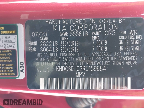 2024 Kia EV6 Wind with VIN KNDC3DLC2R5159684, listed as a IAAI auction lot 41960405 with 5,394 mi miles and . Bid and sale history available at DreamBid. Image 9.