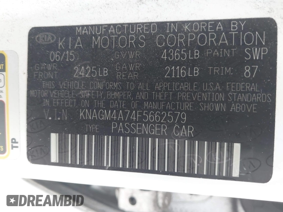 2015 Kia Optima LX with VIN KNAGM4A74F5662579, listed as a IAAI auction lot 42127251 with 144,138 mi miles and . Bid and sale history available at carsss.com. Image 9.