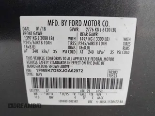2018 Ford Explorer XLT z VIN 1FM5K7D8XJGA62972, wystawiony jako IAAI lot #42037529 z przebiegiem 182 932 mil mil oraz . Historia ofert i sprzedaży dostępna na DreamBid. Obrazek 9.