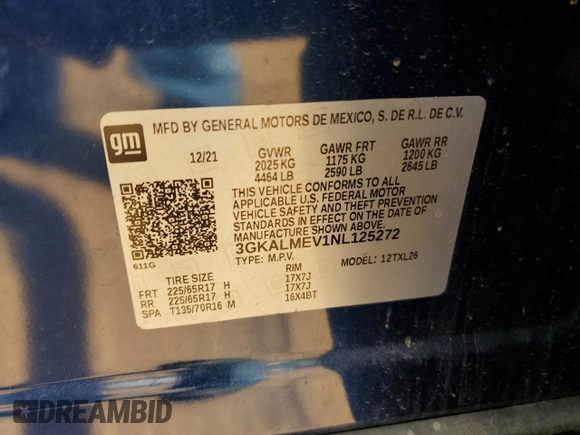 2022 GMC Terrain SLE with VIN 3GKALMEV1NL125272, listed as a Copart auction lot 55992085 with 70,096 mi miles and Salvage title. Bid and sale history available at DreamBid. Image 13.