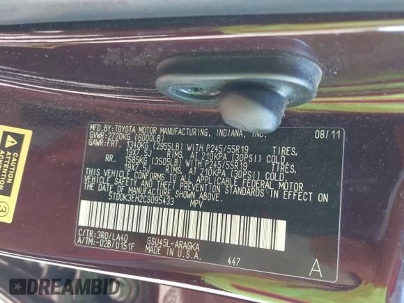 2012 Toyota Highlander Limited with VIN 5TDDK3EH2CS095433, listed as a IAAI auction lot 41833700 with 118,446 mi miles. Bid and sale history available at carsss.com. Image 9.
