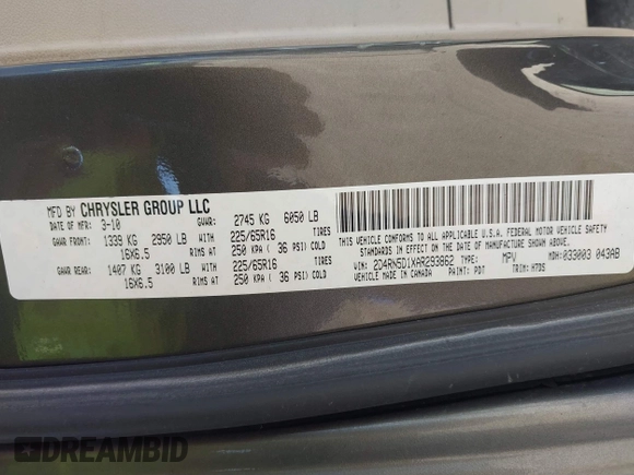 2010 Dodge Grand Caravan SXT with VIN 2D4RN5D1XAR293862, listed as a IAAI auction lot 42179737 with 324,144 mi miles and . Bid and sale history available at DreamBid. Image 9.