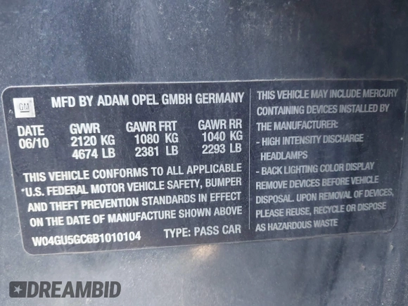 2011 Buick Regal CXL RL6 with VIN W04GU5GC6B1010104, listed as a IAAI auction lot 42035603 with 166,820 mi miles and . Bid and sale history available at DreamBid. Image 9.