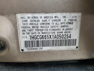 2001 Honda Accord LX z VIN 1HGCG665X1A050254, wystawiony jako Copart lot #51138965 z przebiegiem 178 741 mil mil oraz Szkoda całkowita • Salvage title. Historia ofert i sprzedaży dostępna na DreamBid. Obrazek 12.