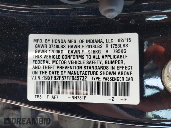 2015 Honda Civic Sedan LX with VIN 19XFB2F57FE045732, listed as a IAAI auction lot 42020578 with 82,043 mi miles. Bid and sale history available at carsss.com. Image 9.