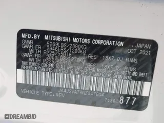 2022 Mitsubishi Outlander PHEV SEL with VIN JA4J2VA76NZ047604, listed as a IAAI auction lot 41780400 with 27,446 mi miles. Bid and sale history available at carsss.com. Image 9.
