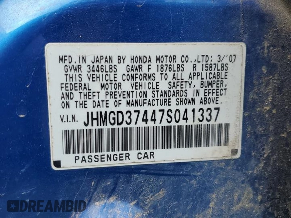 2007 Honda Fit with VIN JHMGD37447S041337, listed as a Copart auction lot 60352955 with 222,726 mi miles and Clean title. Bid and sale history available at DreamBid. Image 12.