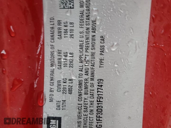 2015 Chevrolet Camaro LT with VIN 2G1FF3D31F9177419, listed as a Copart auction lot 44615225 with 186,589 mi miles and Salvage Title. Bid and sale history available at carsss.com. Image 12.