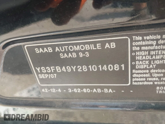 2008 Saab 9-3 z VIN YS3FB49Y281014081, wystawiony jako IAAI lot #42408366 z przebiegiem 131 342 mil mil oraz . Historia ofert i sprzedaży dostępna na DreamBid. Obrazek 9.