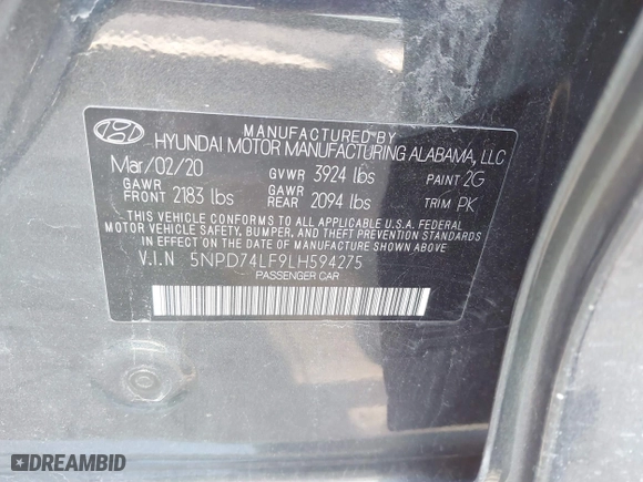 2020 Hyundai Elantra SE with VIN 5NPD74LF9LH594275, listed as a IAAI auction lot 41681921 with 62,554 mi miles. Bid and sale history available at carsss.com. Image 9.
