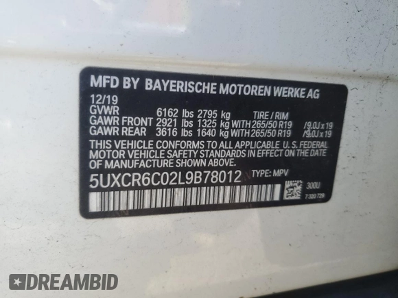 2020 BMW X5 xDrive40i with VIN 5UXCR6C02L9B78012, listed as a Copart auction lot 56568005 with 57,460 mi miles and Salvage title. Bid and sale history available at DreamBid. Image 13.