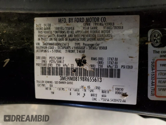2008 Mercury Milan Premier z VIN 3MEHM08198R655613, wystawiony jako Copart lot #61052595 z przebiegiem 241 329 mil mil oraz Szkoda całkowita • Salvage title. Historia ofert i sprzedaży dostępna na DreamBid. Obrazek 12.