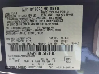 2020 Ford Mustang EcoBoost with VIN 1FA6P8TH6L5124180, listed as a IAAI auction lot 41702327 with 21,460 mi miles. Bid and sale history available at carsss.com. Image 9.