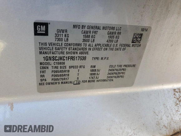 2015 Chevrolet Suburban LT with VIN 1GNSCJKC1FR517638, listed as a Copart auction lot 52765165 with 178,362 mi miles and Clean title. Bid and sale history available at DreamBid. Image 14.