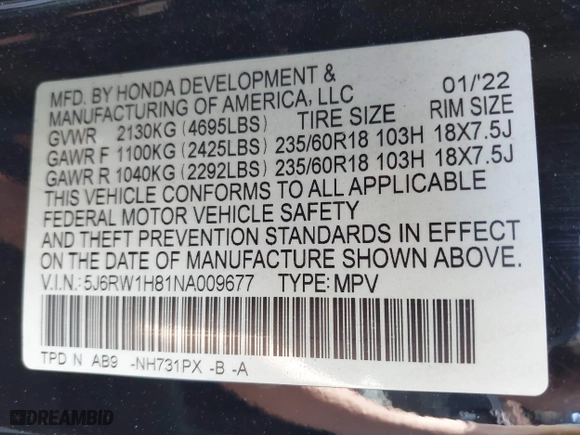 2022 Honda CR-V EX-L with VIN 5J6RW1H81NA009677, listed as a IAAI auction lot 41041869 with 1 mi miles. Bid and sale history available at carsss.com. Image 9.